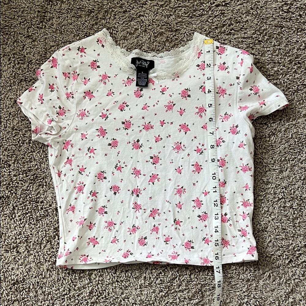 Y2K Pink Floral Lace-Trim White Crop Top
